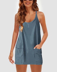 Adjustable Strap Active Mini Dress with Built-In Shorts & Pockets