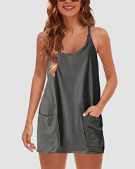 Adjustable Strap Active Mini Dress with Built-In Shorts & Pockets
