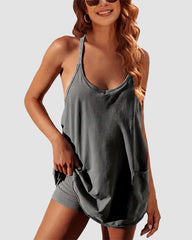 Adjustable Strap Active Mini Dress with Built-In Shorts & Pockets