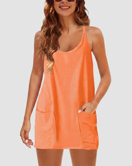 Adjustable Strap Active Mini Dress with Built-In Shorts & Pockets