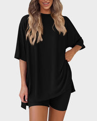 Casual Oversized 2-Piece Lounge Set with Crewneck & Split Hem