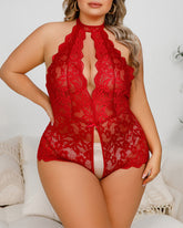 Deep V Halter Lace Teddy Bodysuit