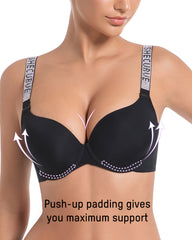 Deep V Push-Up Underwire Bra with Rhinestone Strap