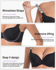 Deep V Push-Up Underwire Bra with Rhinestone Strap
