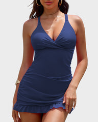 Deep V Cross-Back Ruched One-Piece Swimsuit