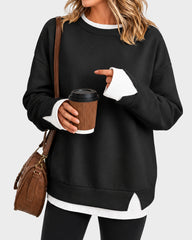 Faux-Layer Rib-Trim Oversized Crewneck Sweatshirt