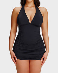 SculptSkin™ BackStage Halter V-Neck Swim Dress