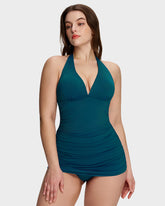 Halter V-Neck Sculpting Swim Dress – 2-Piece Set