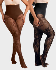 High-Waisted Floral Lace Fleece-Lined Sheer Tights