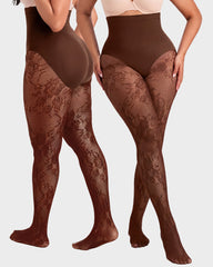 High-Waisted Floral Lace Fleece-Lined Sheer Tights