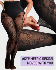 High-Waisted Floral Lace Fleece-Lined Sheer Tights
