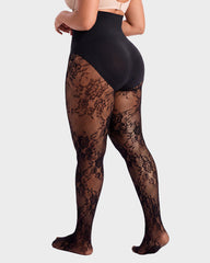 High-Waisted Floral Lace Fleece-Lined Sheer Tights