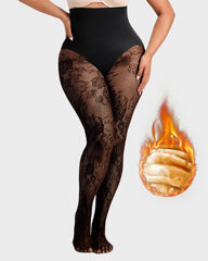 High-Waisted Floral Lace Fleece-Lined Sheer Tights