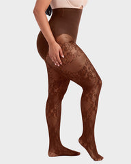 High-Waisted Floral Lace Fleece-Lined Sheer Tights