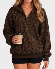 Leopard-Print Half-Zip Oversized Pullover