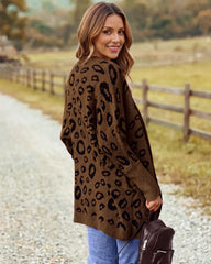 Leopard-Print Open-Front Knit Cardigan with Pockets