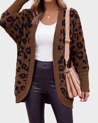 Leopard-Print Open-Front Knit Cardigan with Pockets