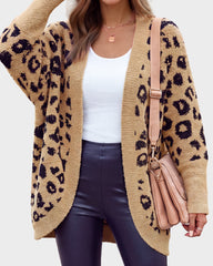 Leopard-Print Open-Front Knit Cardigan with Pockets