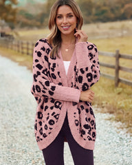 Leopard-Print Open-Front Knit Cardigan with Pockets