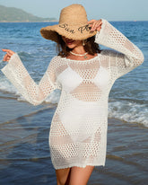 Long Sleeve Crochet Swim Cover Up Beach Dress