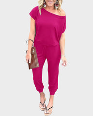 Off-Shoulder Short Sleeve Beam Foot Jumpsuit