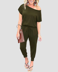 Off-Shoulder Short Sleeve Beam Foot Jumpsuit