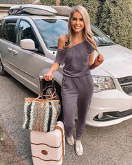 Off-Shoulder Short Sleeve Beam Foot Jumpsuit
