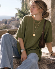 Oversized Crewneck Batwing-Sleeve Knit Sweater