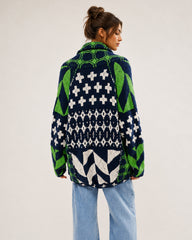 Oversized Graphic Button-Down Knit Cardigan
