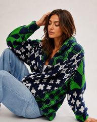 Oversized Graphic Button-Down Knit Cardigan