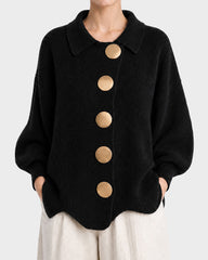 Oversized Ribbed Knit Cardigan with Gold-Tone Buttons