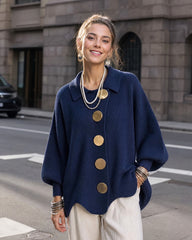 Oversized Ribbed Knit Cardigan with Gold-Tone Buttons