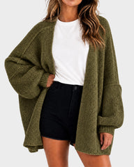 Oversized Lantern-Sleeve Open-Front Knit Cardigan