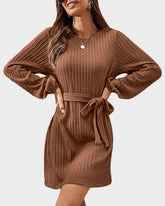 Ribbed Knit Tie-Waist Lantern Sleeve Dress