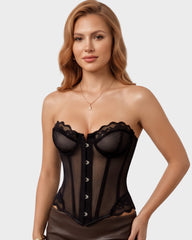 Sheer Mesh Lace-Trim Front-Hook Overbust Corset