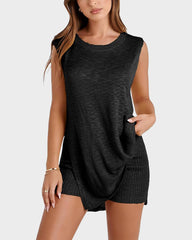 Sleeveless Knit Lounge Set with Side-Split Tank & Shorts