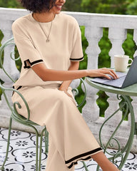 Soft Knit 2-Piece Lounge Set with Short Sleeve Top & Wide Leg Pants