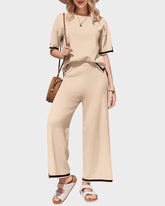 Soft Knit 2-Piece Lounge Set with Short Sleeve Top & Wide Leg Pants