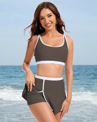 Sporty Color Block Side Slit Skirted Bikini Set