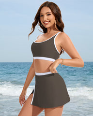 Sporty Color Block Side Slit Skirted Bikini Set
