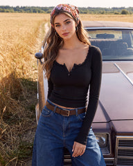 Square Neck Lace Trim Button Front Ribbed Knit Top