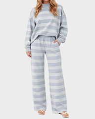 Striped Mock Neck Drop-Shoulder Two-Piece Set