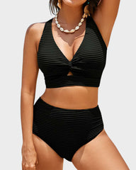 Textured Knot-Front High-Waisted Bikini Set