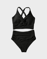 Textured Knot-Front High-Waisted Bikini Set