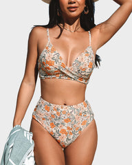 Twisted Front Color-Block High Waist Bikini Set