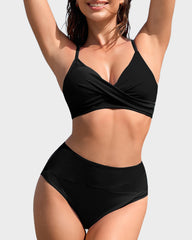 Twisted Front Color-Block High Waist Bikini Set