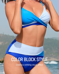 Twisted Front Color-Block High Waist Bikini Set