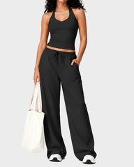 V-Neck Strappy-Back Top & Wide-Leg Pants Set