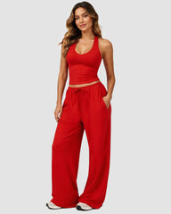 V-Neck Strappy-Back Top & Wide-Leg Pants Set