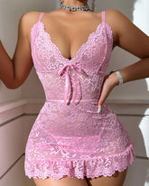 Women Lingerie Lace Chemise Sexy Nightgown Ruffle Hem Sleep Dress with Thong